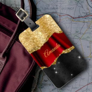 Stylish faux Glitter Red Gold black monogram Luggage Tag