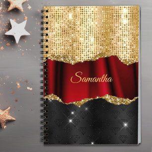 Stylish faux Glitter Red Gold black monogram Notebook