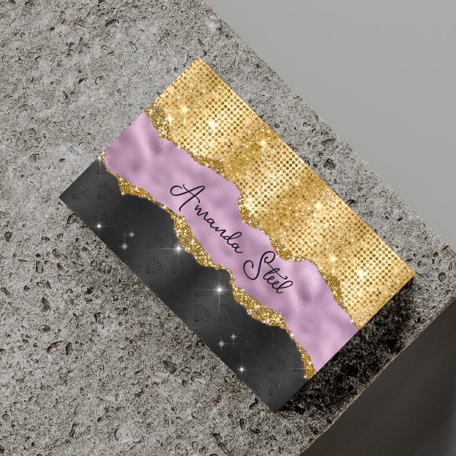 Stylish faux Glitter Violet Gold black monogram Bu Magnetic Business Card (Creator Uploaded)