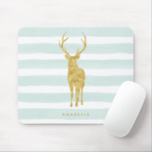 Stylish Faux Gold Foil Deer on Mint Stripes Mouse Mat