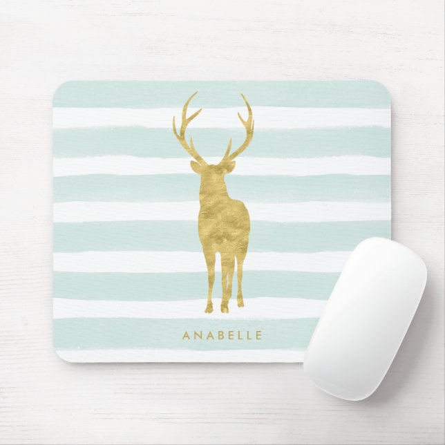 Stylish Faux Gold Foil Deer on Mint Stripes Mouse Mat (With Mouse)