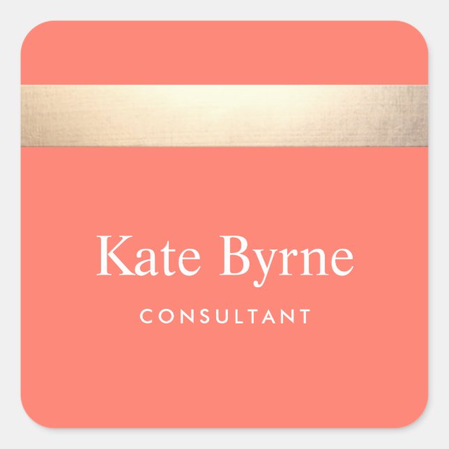 Stylish Faux Gold Foil Stripe Modern Coral Orange Square Sticker (Front)