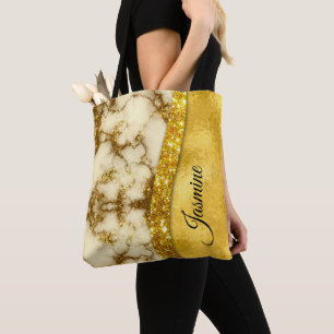 Stylish faux Gold glitter marble art Personalised Tote Bag