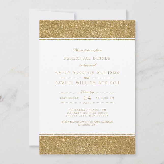 Stylish Faux Gold Glitter Rehearsal Dinner Invite (Front)
