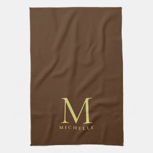 Stylish Faux Gold Monogram Name Template Brown Tea Towel