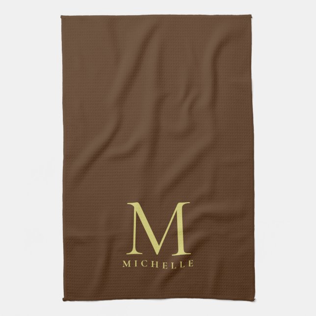 Stylish Faux Gold Monogram Name Template Brown Tea Towel (Vertical)