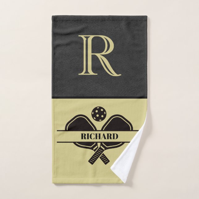 Stylish Faux Leather Monogram Name Pickleball Game Hand Towel (Hand Towel)