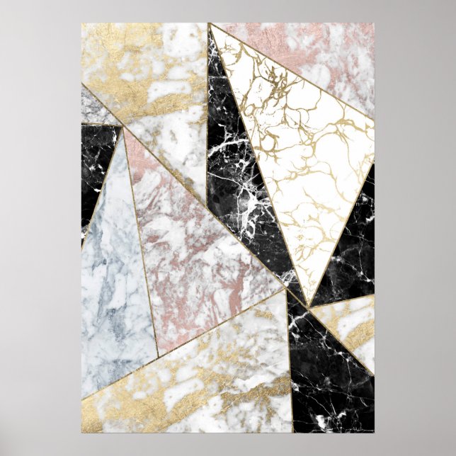 Stylish faux rose gold black white luxury marble poster (Front)