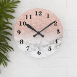 Stylish faux rose pink glitter ombre white marble round clock<br><div class="desc">A cool,  trendy and stylish faux rose gold pink glitter ombre on modern white marble background. You can personalise it by adding your name or monogram</div>