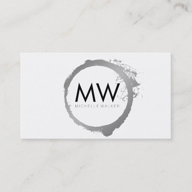 Stylish Faux Silver Ring with Chic Monogram Business Card (Front)