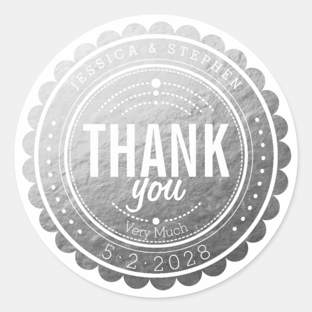 Stylish Faux Silver Thank You Wedding Sticker (Front)