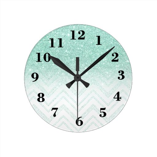 Stylish faux teal glitter ombre modern chevron Round Clock