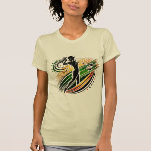 Stylish Female Golfer in Gold and Green T-Shirt
