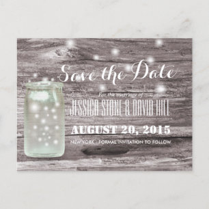 Stylish Fireflies Mason Jar Wood Save the Date Announcement Postcard