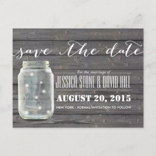 Stylish Fireflies & Mason Jar Wood Save the Date Announcement Postcard