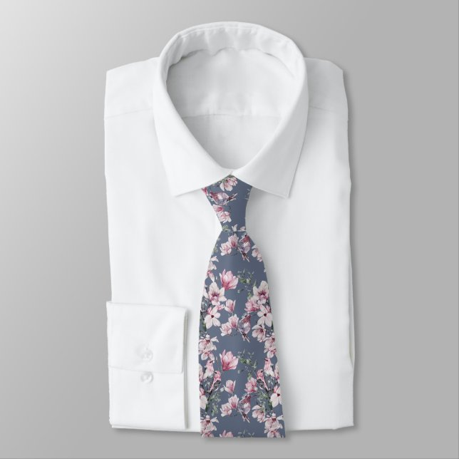Stylish Floral Birds Pink & Blue Pattern Tie (Tied)