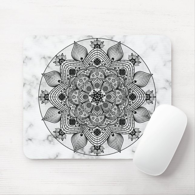 Stylish Floral Black and White Mandala  Mouse Mat (With Mouse)