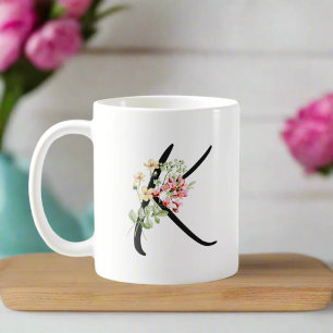 Stylish Floral Black Letter "K" Typography  Coffee Mug