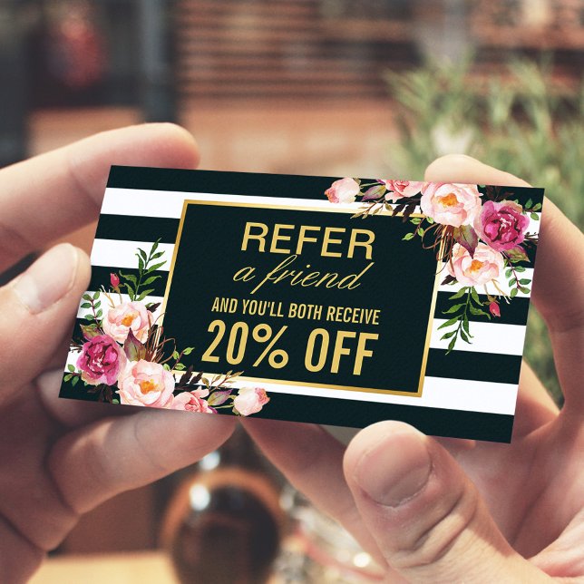 Stylish Floral Black White Stripes Beauty Salon Referral Card (Creator Uploaded)