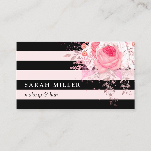 Stylish floral black white stripes makeup & hair business card (Front)