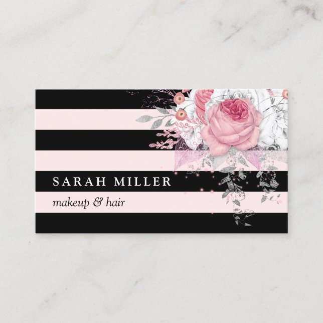 Stylish floral black white stripes makeup & hair business card (Front)