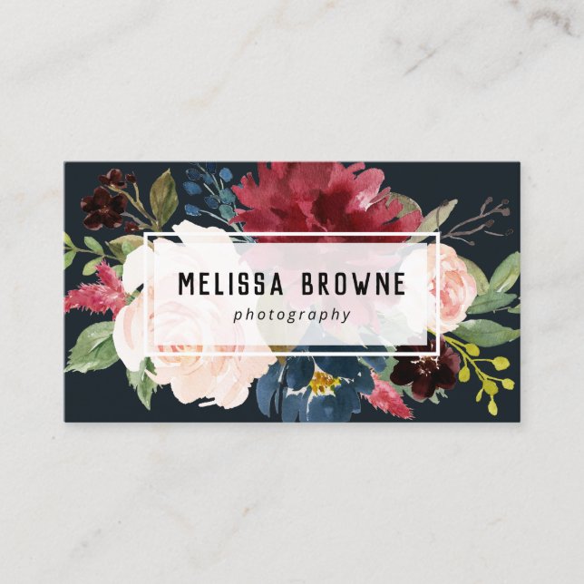 stylish floral blue burgundy photography business card (Front)