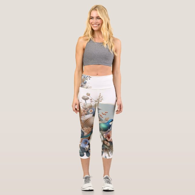 Stylish Floral Bluebird Leggings Artistic Nature  (Front)