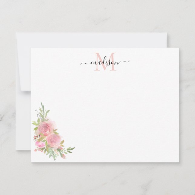 Stylish Floral Blush Pink Watercolor Rose Monogram Card (Front)