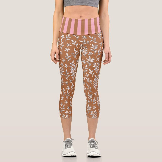 Stylish Floral Brown & Pink High Waisted Capri Leggings (Front)