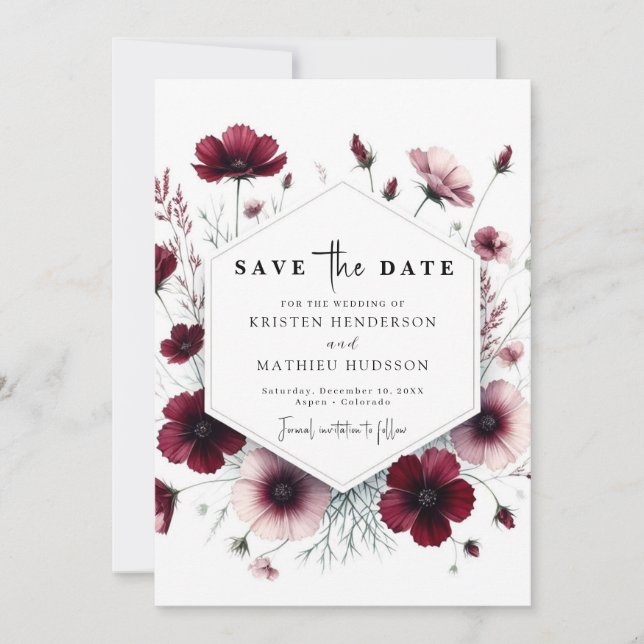 Stylish Floral Burgundy Wedding Save The Date (Front)