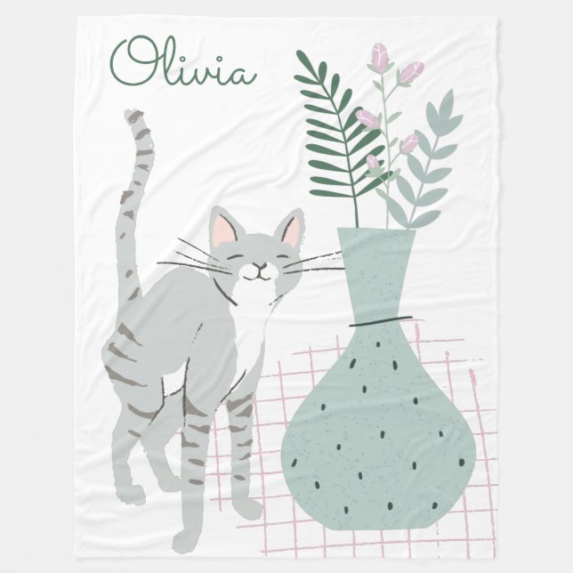 Stylish Floral Cat Lover Illustration Personalised Fleece Blanket (Front)