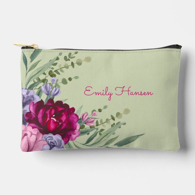 Stylish Floral Custom Name Script Bridesmaid Accessory Pouch (Front)