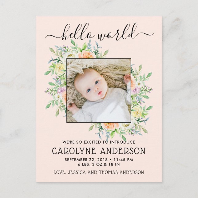 Stylish Floral Frame Photo Birth Announcement (Front)