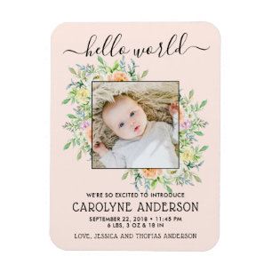 Stylish Floral Frame Photo Birth Announcement Magnet