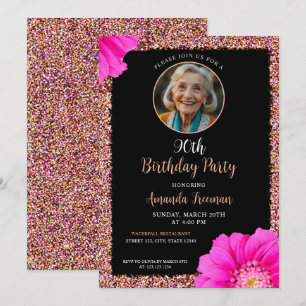 Stylish Floral Glitter 90th Birthday Invitation