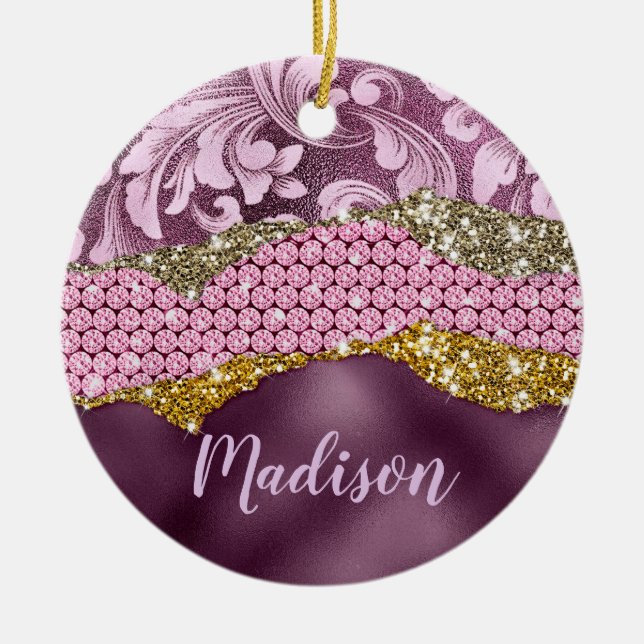 Stylish floral glittery Purple pink gold monogram Ceramic Tree Decoration (Front)