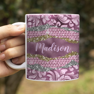 Stylish floral glittery Purple pink gold monogram Coffee Mug