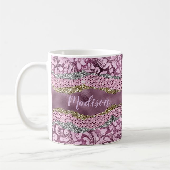 Stylish floral glittery Purple pink gold monogram Coffee Mug (Left)