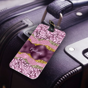 Stylish floral glittery Purple pink gold monogram Luggage Tag