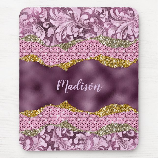 Stylish floral glittery Purple pink gold monogram Mouse Mat (Front)