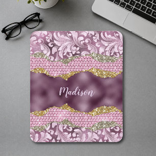 Stylish floral glittery Purple pink gold monogram Mouse Mat