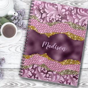 Stylish floral glittery Purple pink gold monogram Notebook