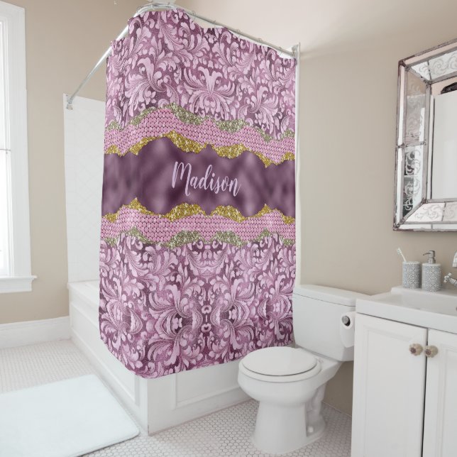 Stylish floral glittery Purple pink gold monogram Shower Curtain (In Situ)