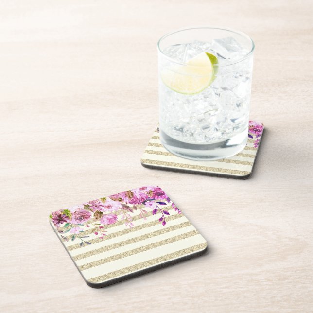 Stylish Floral Gold Striped  Coaster (Right Side)