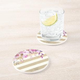 Stylish Floral Gold Striped Coaster