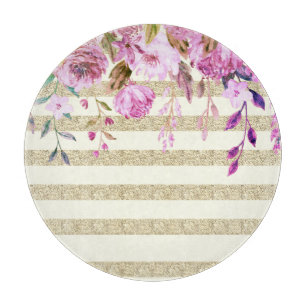 Stylish Floral Gold Striped Cutting Board