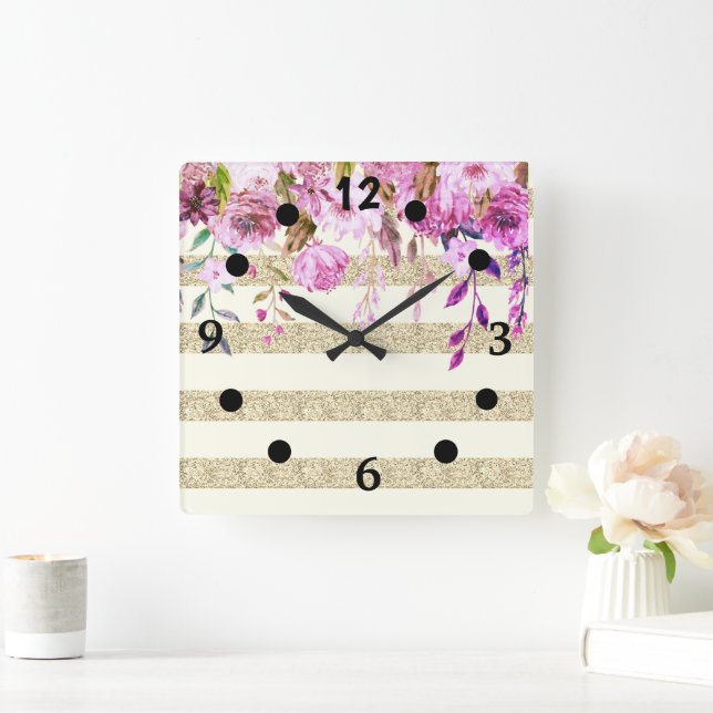 Stylish Floral Gold Striped Square Wall Clock (Home)