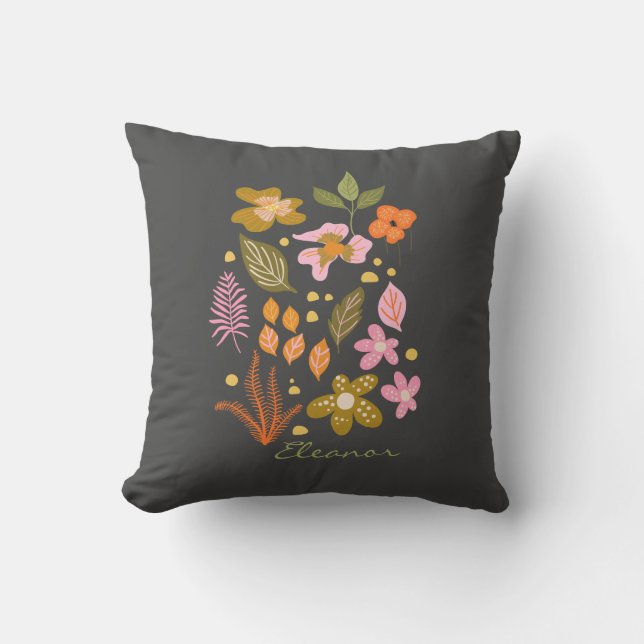 Stylish Floral Illustration Green Grey Custom Name Cushion (Front)