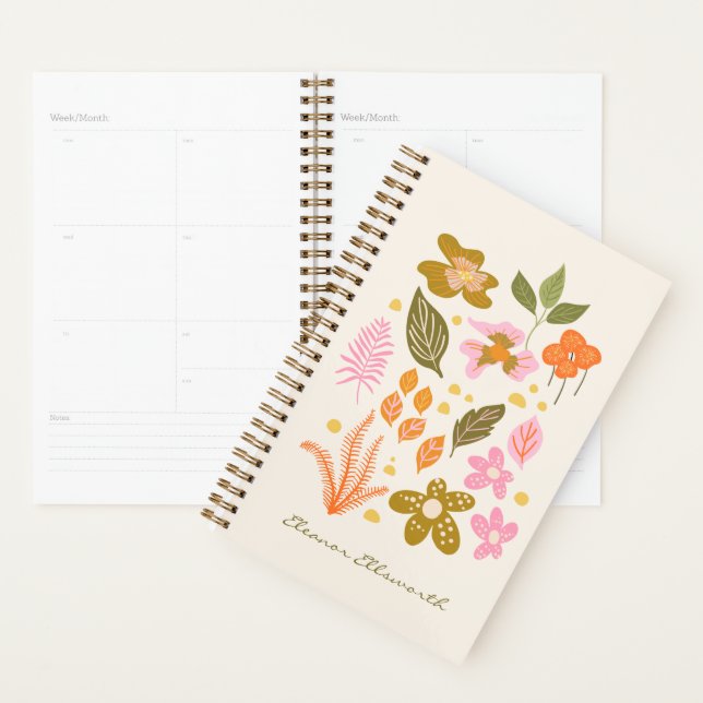 Stylish Floral Illustration Pink Green Custom Name Planner (Display)