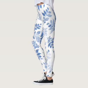 Stylish Floral Legging: Blue Flower & Leaves Print Leggings
